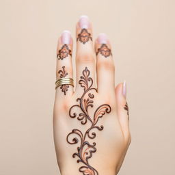 A close-up image of a hand with a beautiful and intricate design of henna, showcasing a traditional Iranian style of henna art