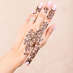 A close-up image of a hand with a beautiful and intricate design of henna, showcasing a traditional Iranian style of henna art