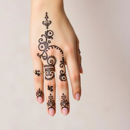 A close-up image of a hand with a beautiful and intricate design of henna, showcasing a traditional Iranian style of henna art