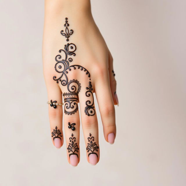 A close-up image of a hand with a beautiful and intricate design of henna, showcasing a traditional Iranian style of henna art