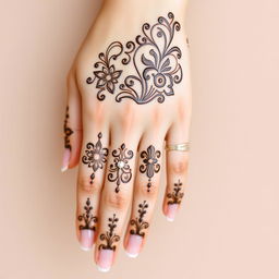 A close-up image of a hand with a beautiful and intricate design of henna, showcasing a traditional Iranian style of henna art