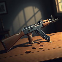 A highly detailed and realistic illustration of an AK-47 assault rifle resting on a wooden table