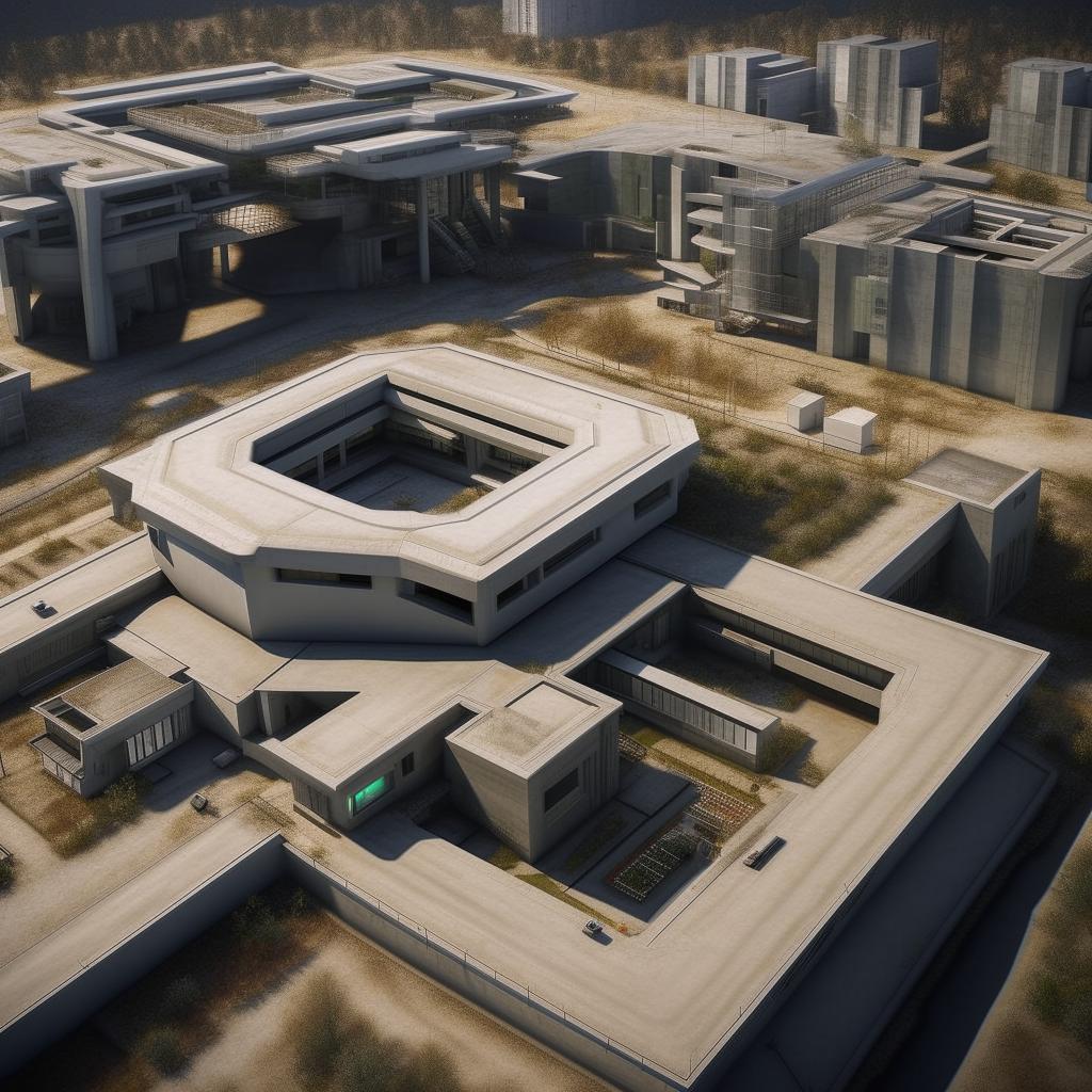 aerial view futuristic maximum-security penitentiary in broad daylight based on https://files.dreamhome.software/files/static/37044