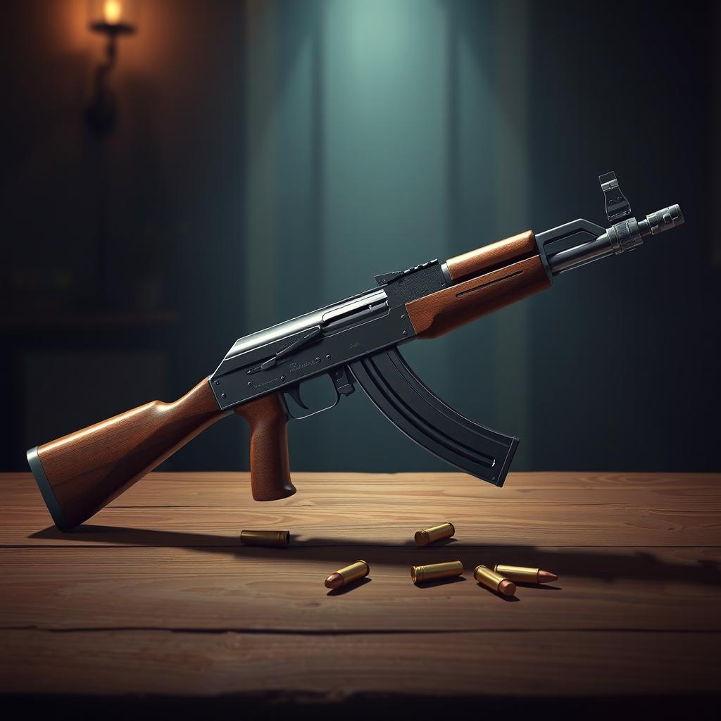 A highly detailed and realistic illustration of an AK-47 assault rifle resting on a wooden table
