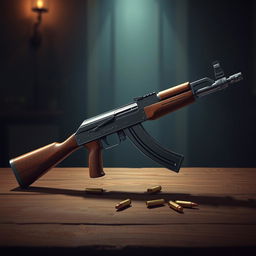 A highly detailed and realistic illustration of an AK-47 assault rifle resting on a wooden table