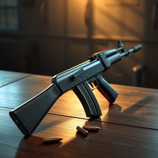 A highly detailed and realistic illustration of an AK-47 assault rifle resting on a wooden table