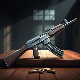 A highly detailed and realistic illustration of an AK-47 assault rifle resting on a wooden table