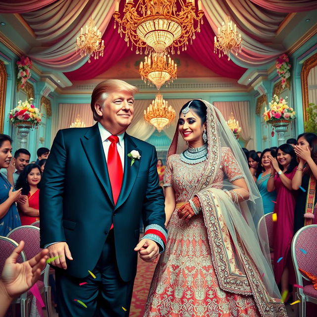 A whimsical and surreal scene depicting a humorous wedding between Donald Trump and Aishwarya Rai Bachchan, celebrated in a grand, opulent venue