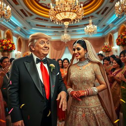 A whimsical and surreal scene depicting a humorous wedding between Donald Trump and Aishwarya Rai Bachchan, celebrated in a grand, opulent venue