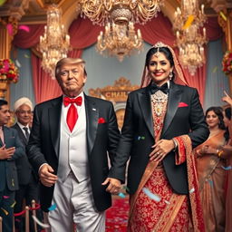 A whimsical and surreal scene depicting a humorous wedding between Donald Trump and Aishwarya Rai Bachchan, celebrated in a grand, opulent venue