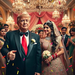 A whimsical and surreal scene depicting a humorous wedding between Donald Trump and Aishwarya Rai Bachchan, celebrated in a grand, opulent venue