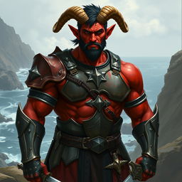 A big red-skinned male tiefling paladin stands confidently in impressive armor that highlights his muscular physique