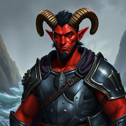 A big red-skinned male tiefling paladin stands confidently in impressive armor that highlights his muscular physique