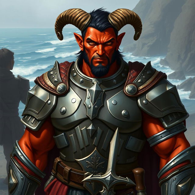 A big red-skinned male tiefling paladin stands confidently in impressive armor that highlights his muscular physique