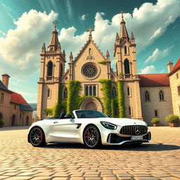 A sleek white Mercedes-Benz AMG GT R parked in front of a grand, historic church, showcasing intricate European medieval architectural design