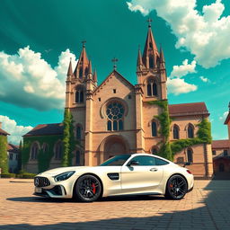 A sleek white Mercedes-Benz AMG GT R parked in front of a grand, historic church, showcasing intricate European medieval architectural design