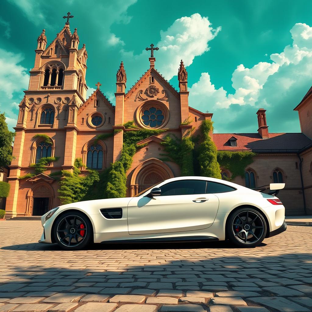 A sleek white Mercedes-Benz AMG GT R parked in front of a grand, historic church, showcasing intricate European medieval architectural design