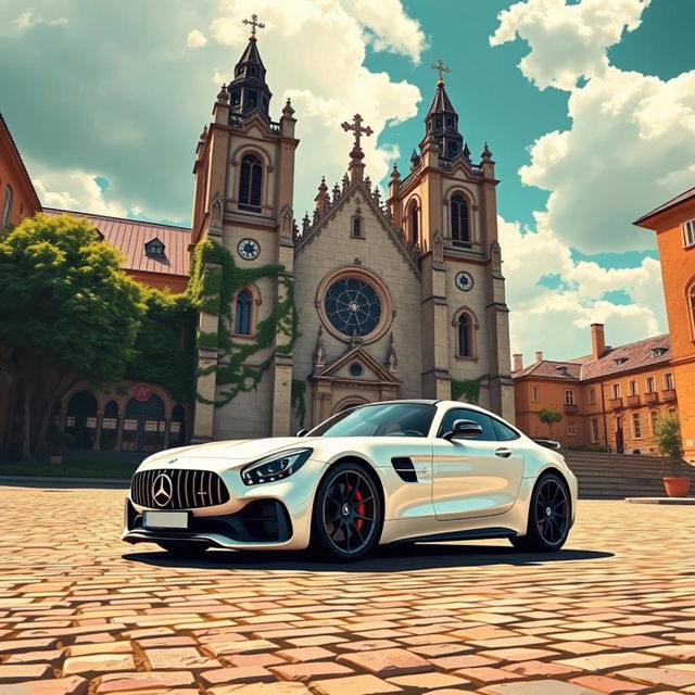 A sleek white Mercedes-Benz AMG GT R parked in front of a grand, historic church, showcasing intricate European medieval architectural design