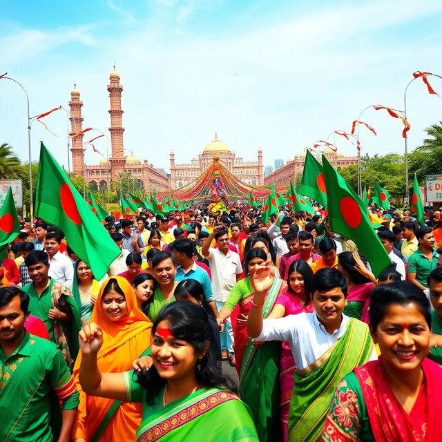 A vibrant and celebratory scene of Victory Day in Bangladesh, showcasing a colorful parade filled with people wearing traditional Bangladeshi attire