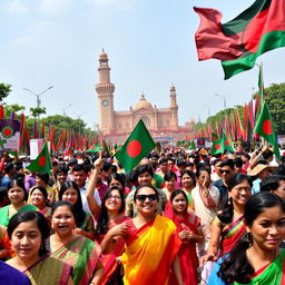 A vibrant and celebratory scene of Victory Day in Bangladesh, showcasing a colorful parade filled with people wearing traditional Bangladeshi attire