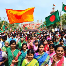 A vibrant and celebratory scene of Victory Day in Bangladesh, showcasing a colorful parade filled with people wearing traditional Bangladeshi attire