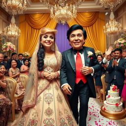 A whimsical and surreal wedding scene featuring a humorous union between Donald Trump and Aishwarya Rai Bachchan