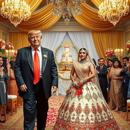 A whimsical and surreal wedding scene featuring a humorous union between Donald Trump and Aishwarya Rai Bachchan