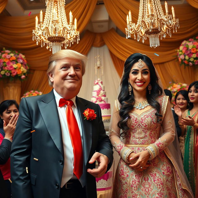 A whimsical and surreal wedding scene featuring a humorous union between Donald Trump and Aishwarya Rai Bachchan