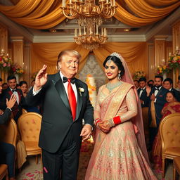 A whimsical and surreal wedding scene featuring a humorous union between Donald Trump and Aishwarya Rai Bachchan