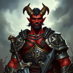 A big red-skinned male tiefling paladin stands boldly in intricately designed armor that showcases his strong physique