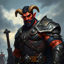 A big red-skinned male tiefling paladin stands boldly in intricately designed armor that showcases his strong physique