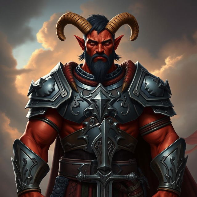 A big red-skinned male tiefling paladin stands boldly in intricately designed armor that showcases his strong physique