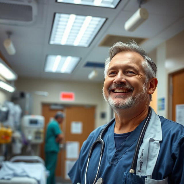 An emergency medicine doctor in an emergency department (ED) room, passionately engaged in his work