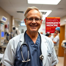 An emergency medicine doctor in an emergency department (ED) room, passionately engaged in his work