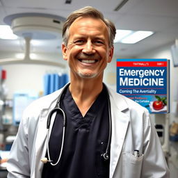 An emergency medicine doctor in an emergency department (ED) room, passionately engaged in his work