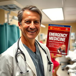 An emergency medicine doctor in an emergency department (ED) room, passionately engaged in his work