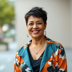A portrait of a confident and stylish 46-year-old woman with a fuller figure and short boyish hairstyle