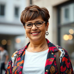 A portrait of a confident and stylish 46-year-old woman with a fuller figure and short boyish hairstyle