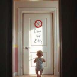 A distant view of a door in a child's room, with a one-year-old baby facing away from the viewer and looking towards the door