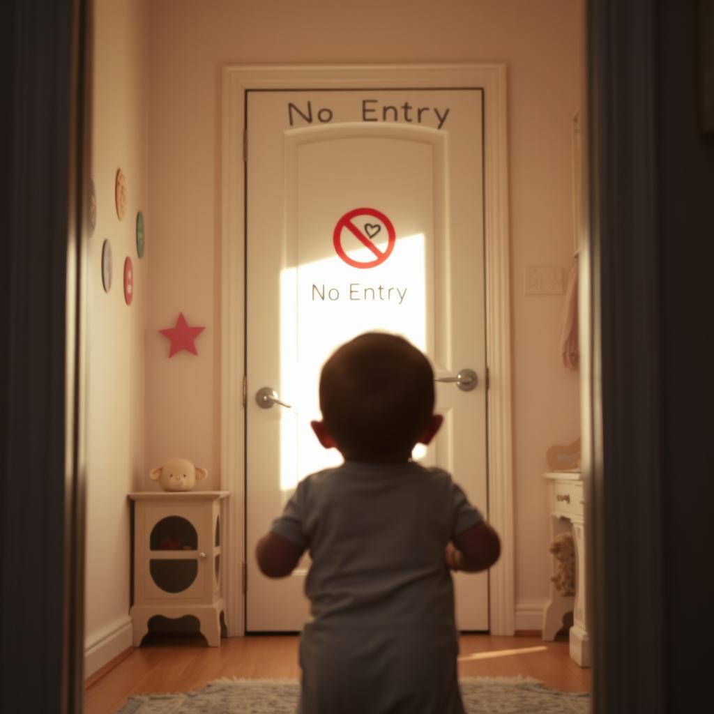 A distant view of a door in a child's room, with a one-year-old baby facing away from the viewer and looking towards the door
