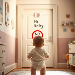 A distant view of a door in a child's room, with a one-year-old baby facing away from the viewer and looking towards the door