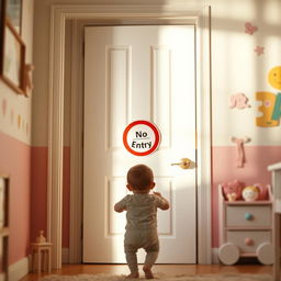 A distant view of a door in a child's room, with a one-year-old baby facing away from the viewer and looking towards the door