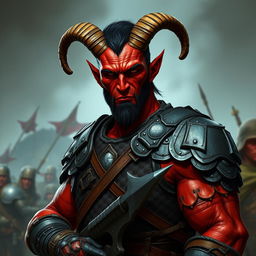 A big red-skinned male tiefling soldier stands firmly in scale armor, designed for both protection and mobility