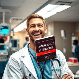 An enthusiastic emergency medicine doctor in an emergency department (ED) room, wearing scrubs and a stethoscope, showcasing a passionate expression of love for his job