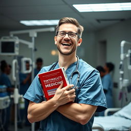 An enthusiastic emergency medicine doctor in an emergency department (ED) room, wearing scrubs and a stethoscope, showcasing a passionate expression of love for his job