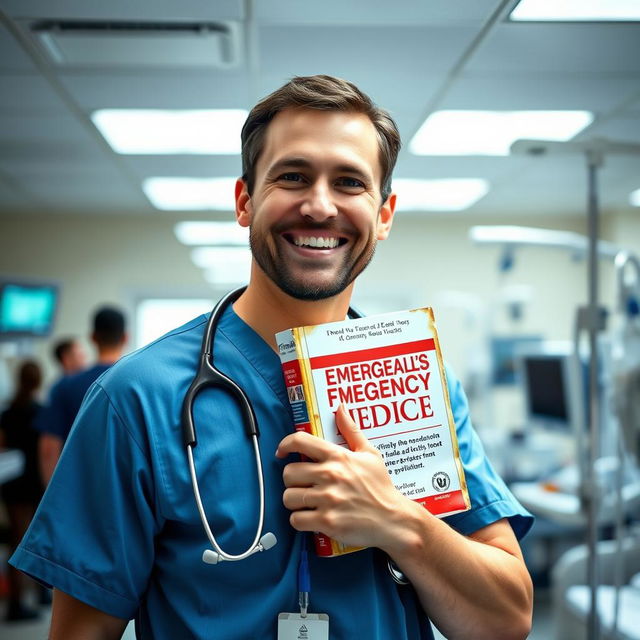 An enthusiastic emergency medicine doctor in an emergency department (ED) room, wearing scrubs and a stethoscope, showcasing a passionate expression of love for his job