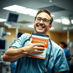 An enthusiastic emergency medicine doctor in an emergency department (ED) room, wearing scrubs and a stethoscope, showcasing a passionate expression of love for his job