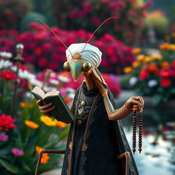 A large, realistic praying mantis dressed in traditional Muslim cleric clothing in dark colors adorned with intricate Islamic patterns