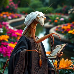 A large, realistic praying mantis dressed in traditional Muslim cleric clothing in dark colors adorned with intricate Islamic patterns