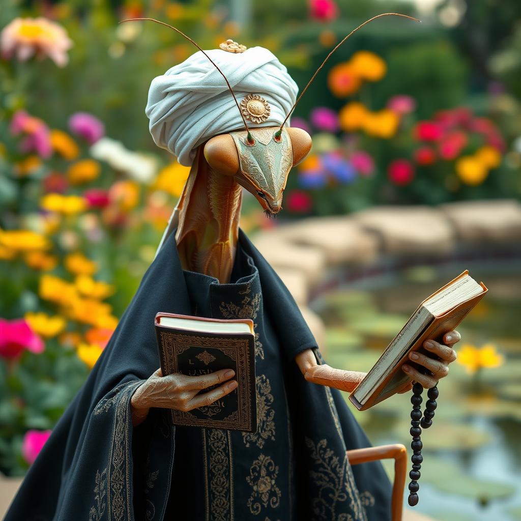 A large, realistic praying mantis dressed in traditional Muslim cleric clothing in dark colors adorned with intricate Islamic patterns